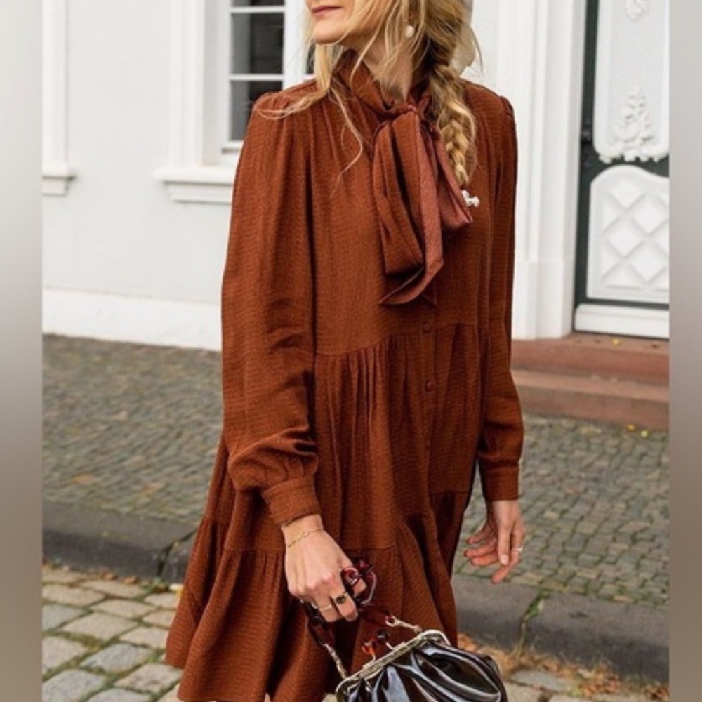 Sezane Selena Long Sleeve Brown Dress Size 42